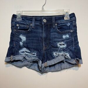 American Eagle Jean Shorts Hi Rise Shortie Distressed Dark Wash Stretch‎ Size 2